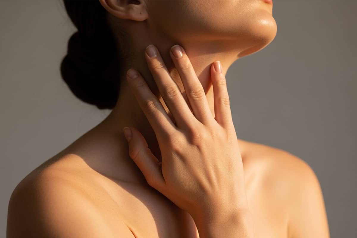 A woman with her hair in a bun tilts her head back while resting her hand on her neck, highlighting a smooth and contoured neckline.
